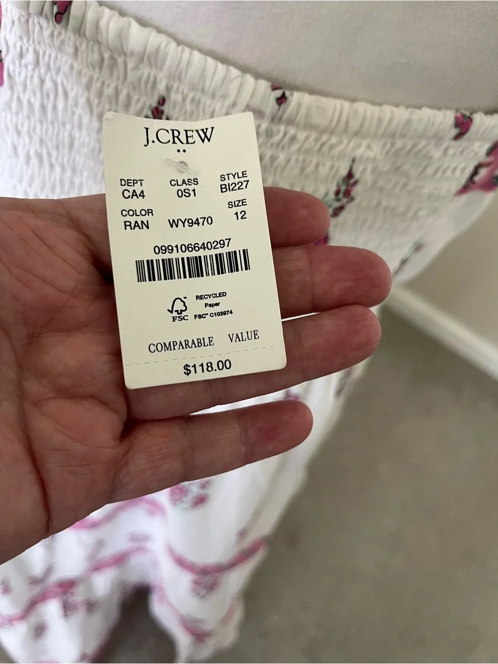 NWT J. Crew White Midi Dress with Pink Floral Trim Size 12